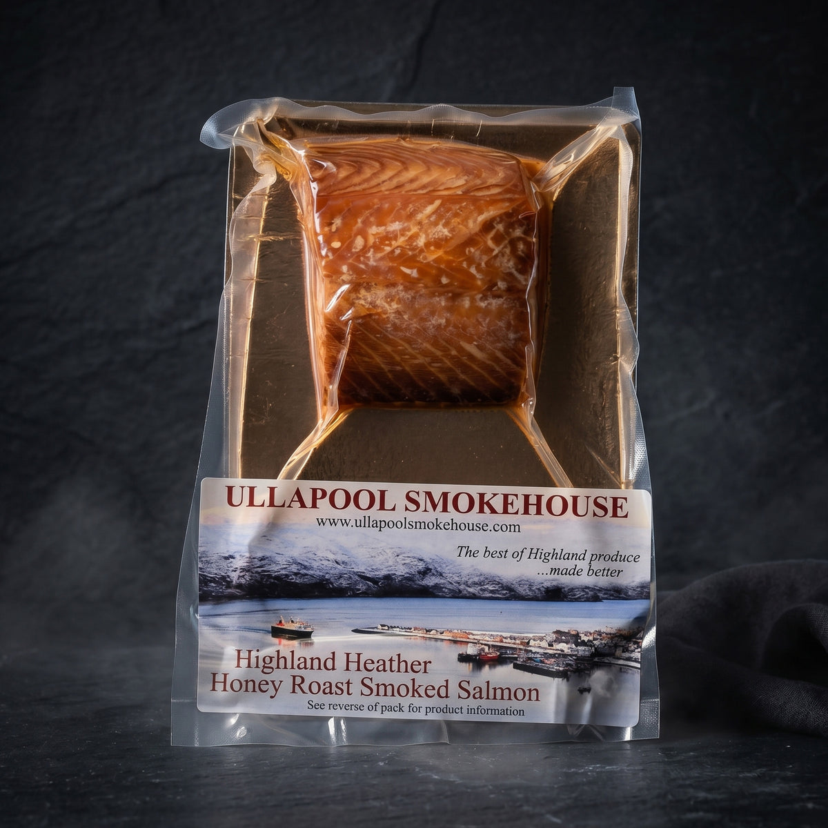 Ullapool Smokehouse Highland Heather Honey Roast Smoked Salmon in vacuum packaging, a premium Scottish seafood delicacy for bespoke corporate gifting.